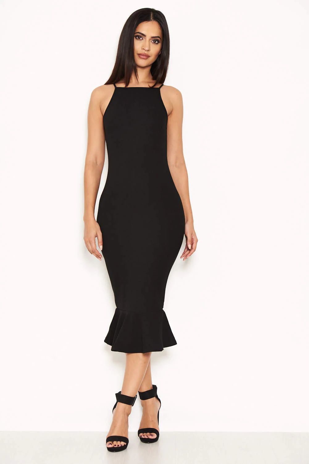 Navy Bodycon Midi Dress With Frill Hem - Image 2