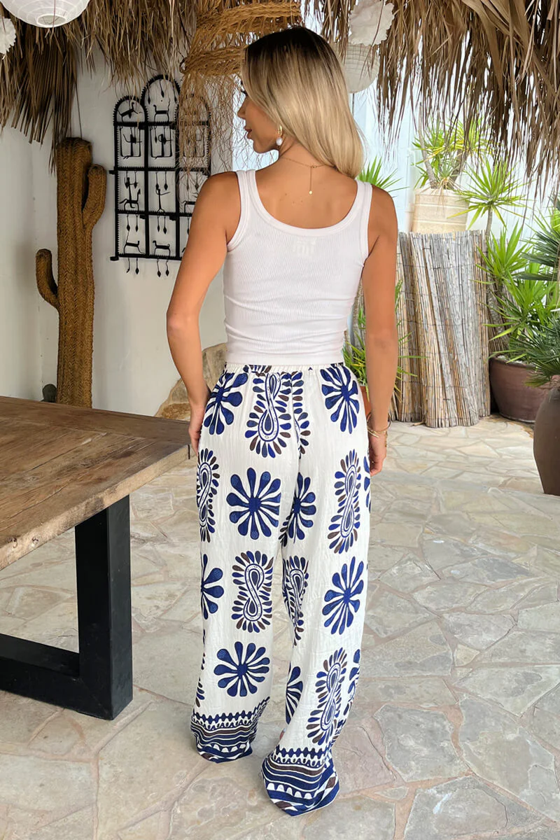Navy Boho Border Print Wide Leg Trousers - Image 11