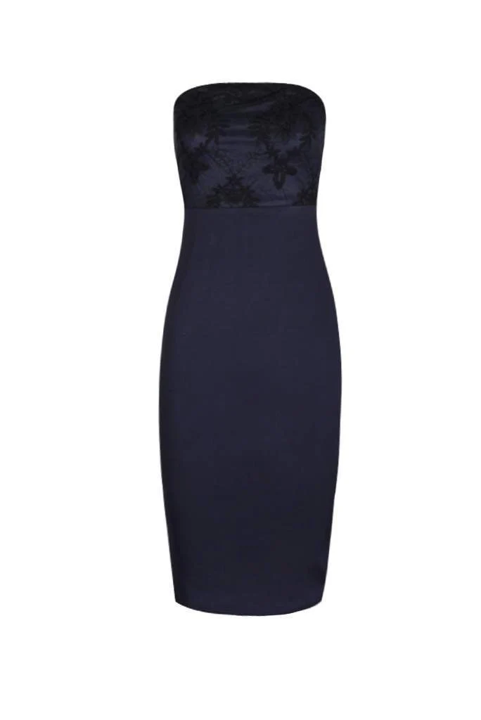 Navy Boob Tube Mesh Detail Midi Dress - Image 4