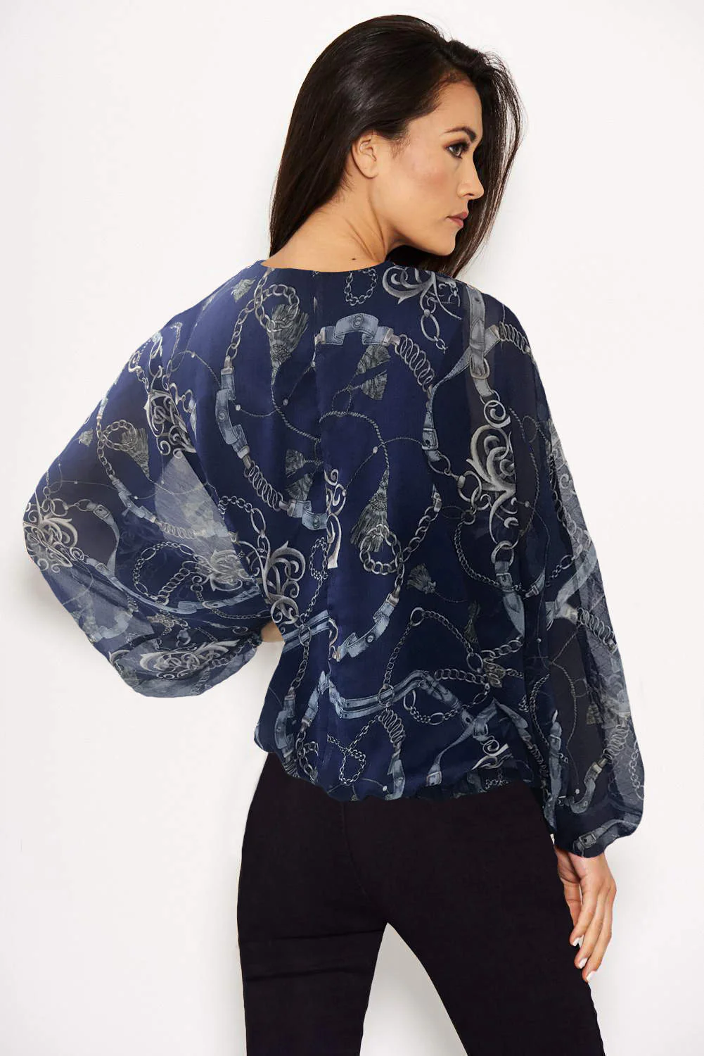 Navy Chain Print Wrap Top - Image 2