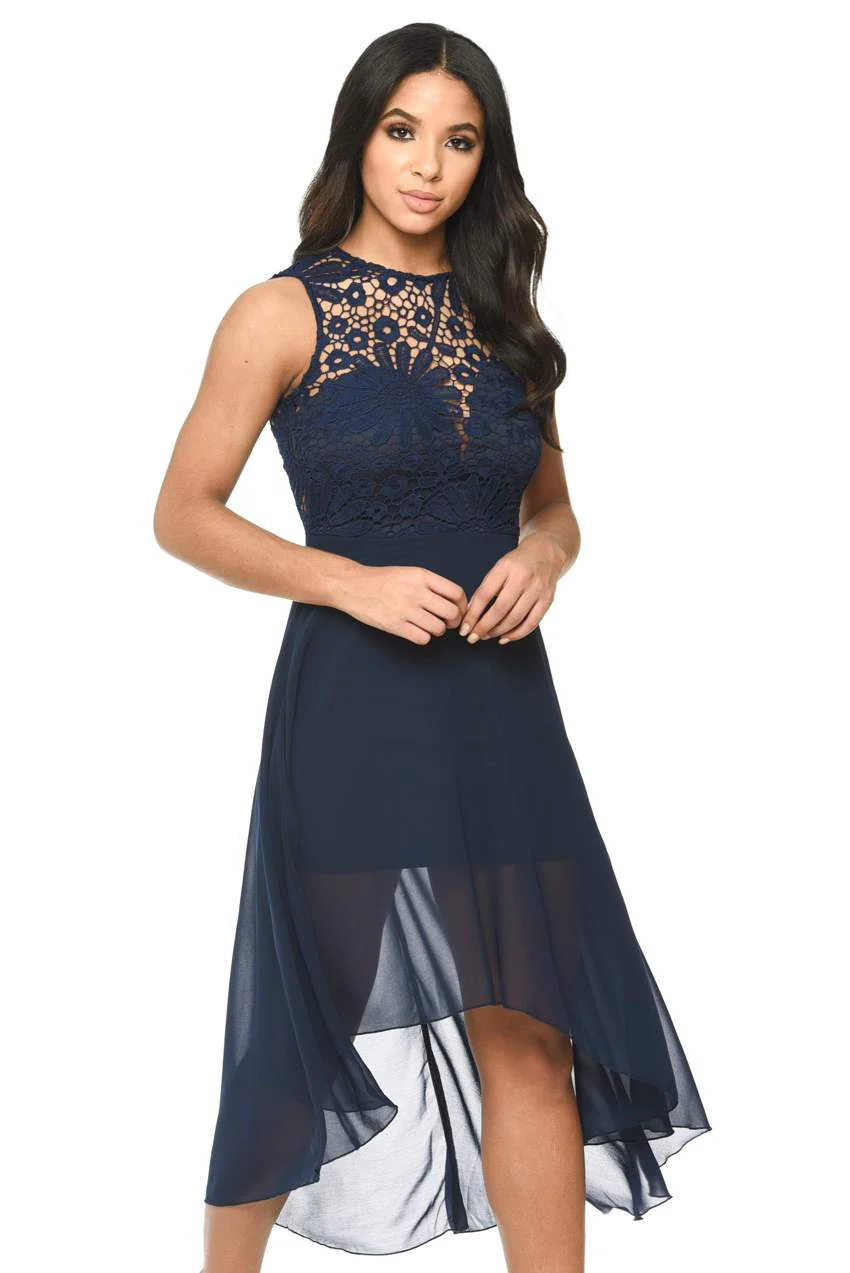 Navy Chiffon High-low Dress With Lace Neckline - Image 2
