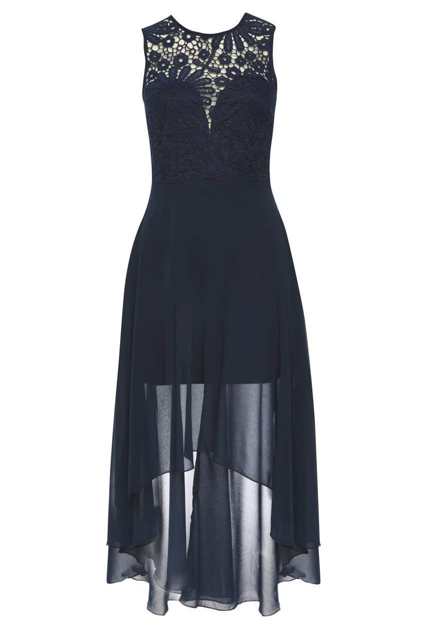 Navy Chiffon High-low Dress With Lace Neckline - Image 4