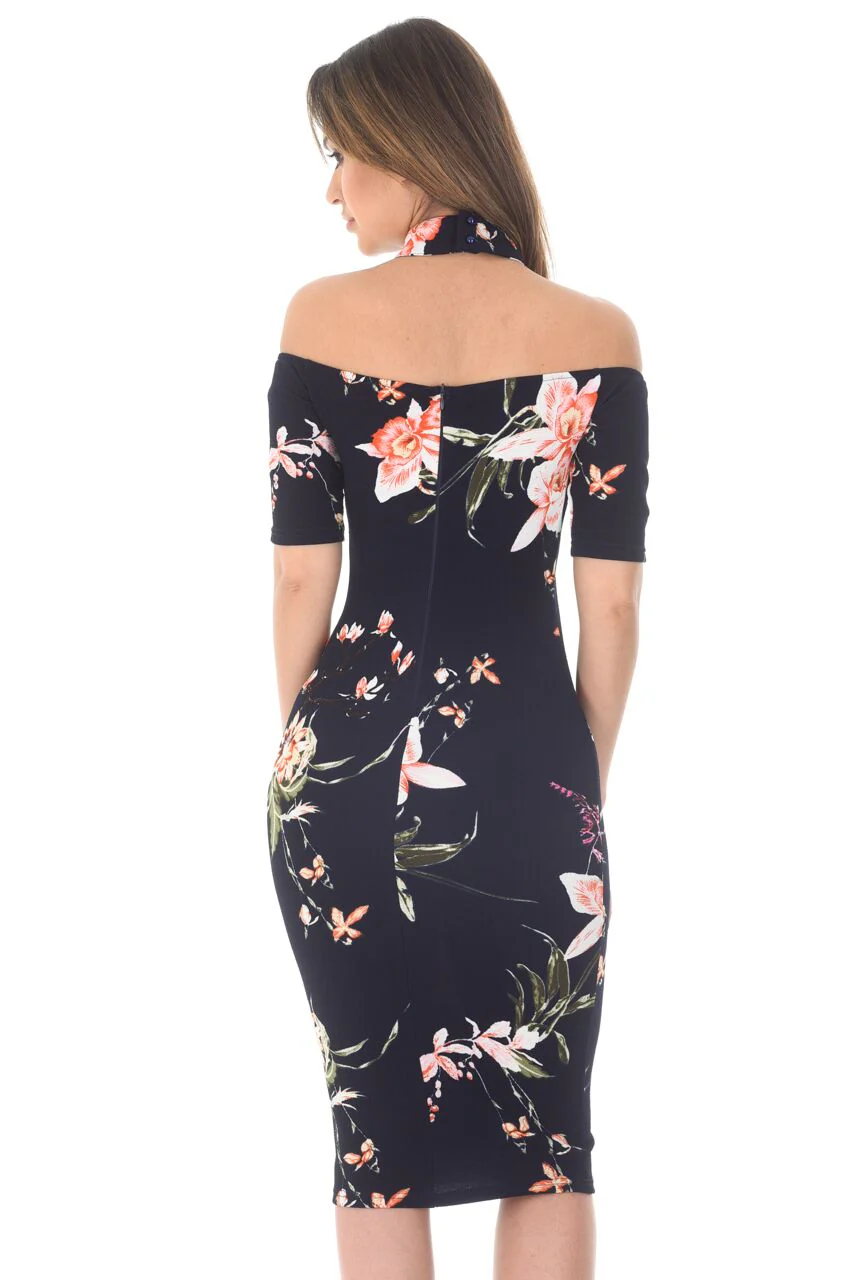 Navy Choker T-bar Floral Printed Midi Dress - Image 3