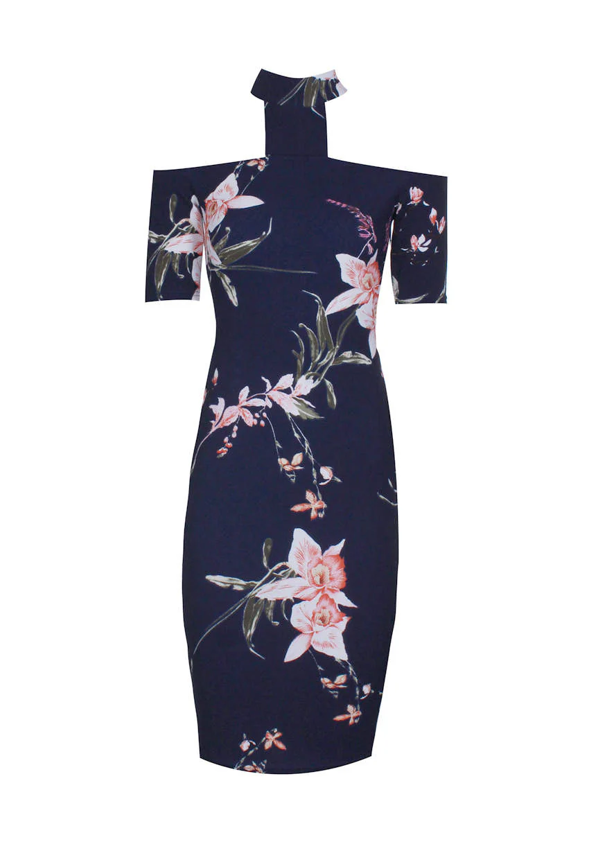 Navy Choker T-bar Floral Printed Midi Dress - Image 4