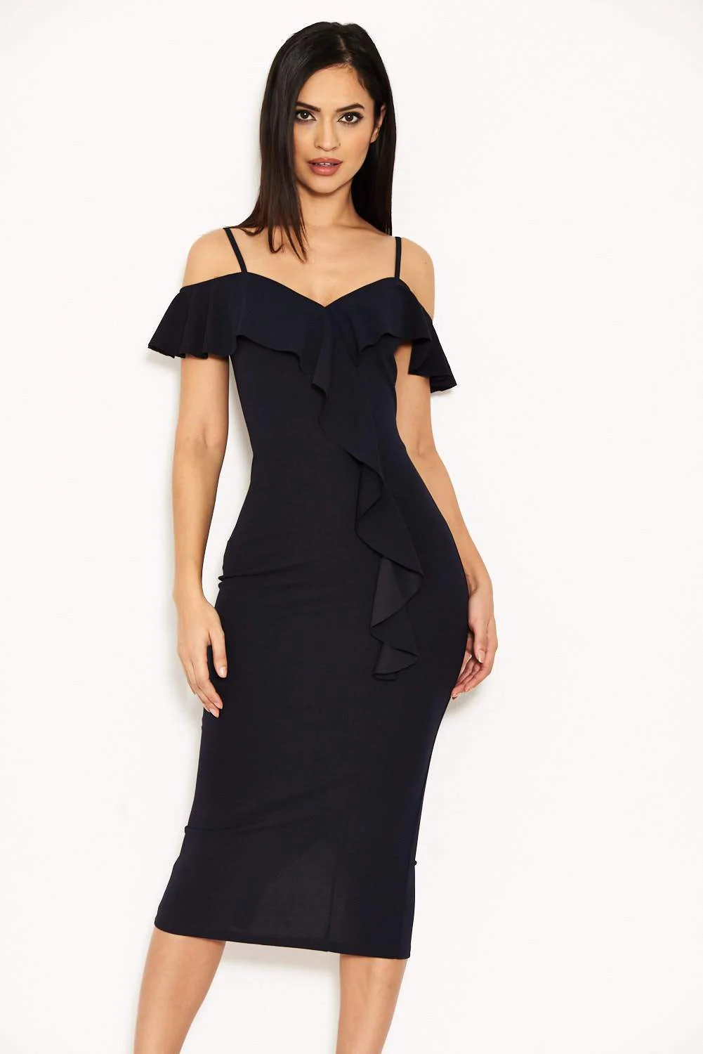 Navy Cold Shoulder Frill Detail Midi Dress - Image 4