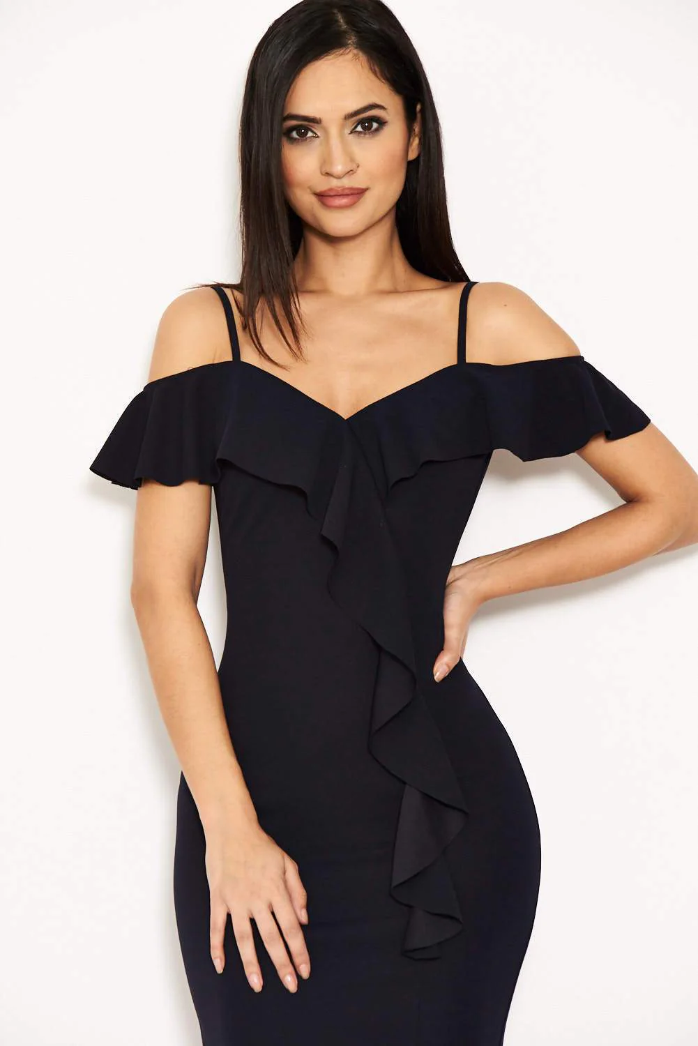 Navy Cold Shoulder Frill Detail Midi Dress - Image 5