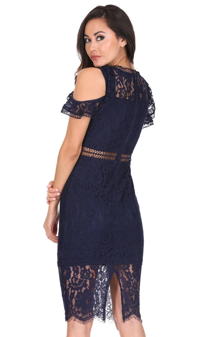 Navy Cold Shoulder Lace Midi Dress - Image 3
