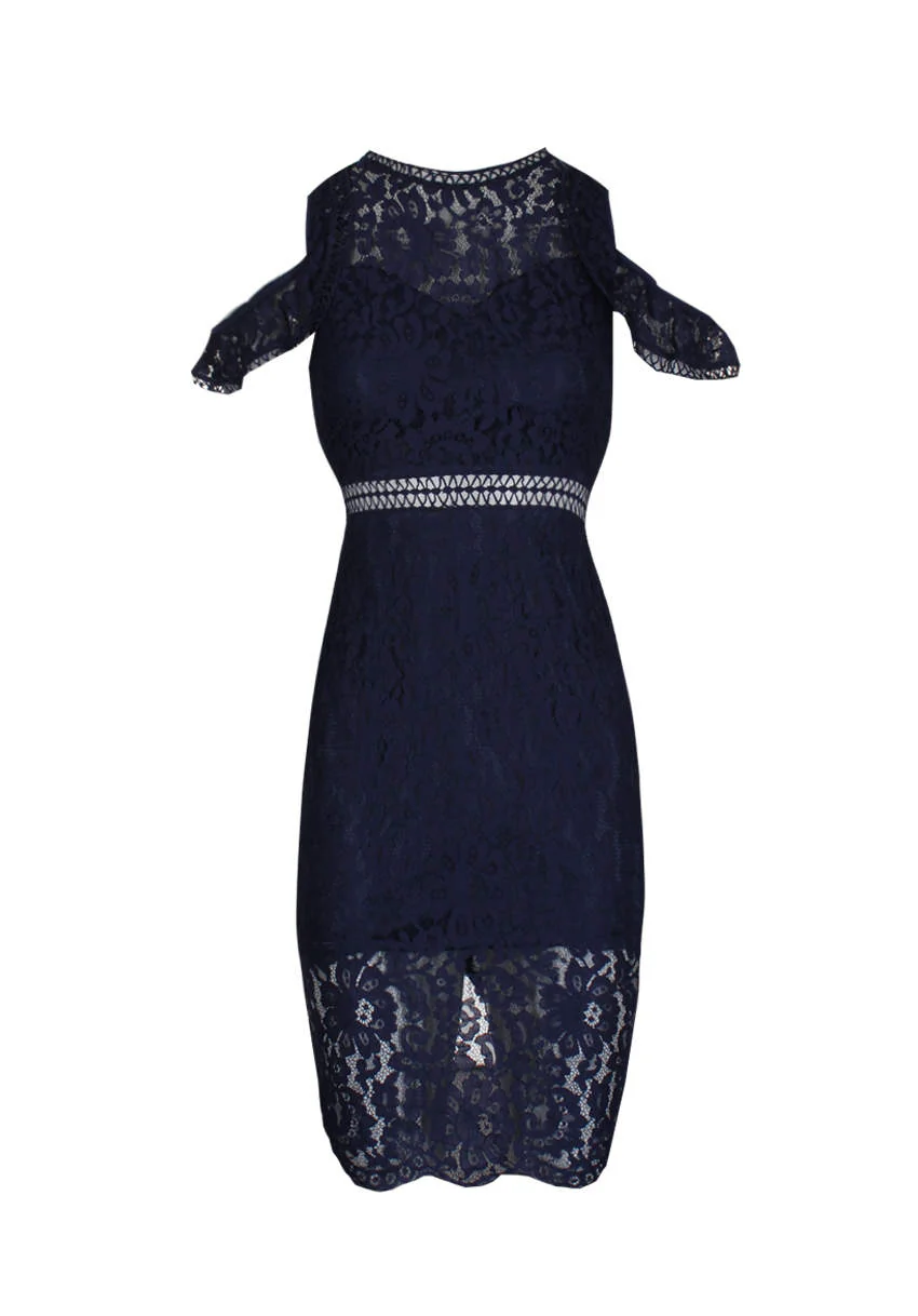 Navy Cold Shoulder Lace Midi Dress - Image 4