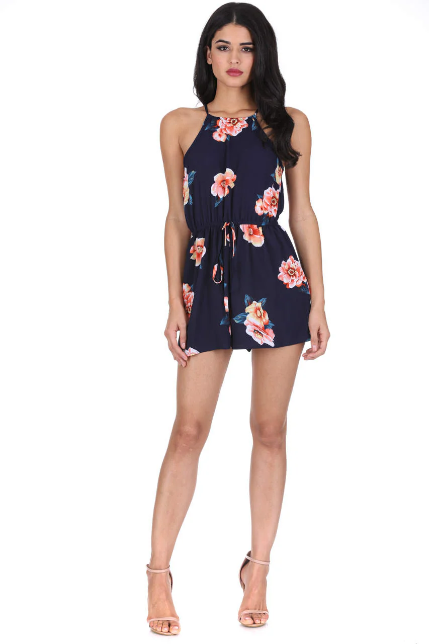 Navy Contrast Floral High Neck Playsuit - Image 2