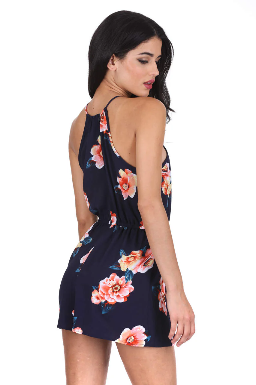 Navy Contrast Floral High Neck Playsuit - Image 3