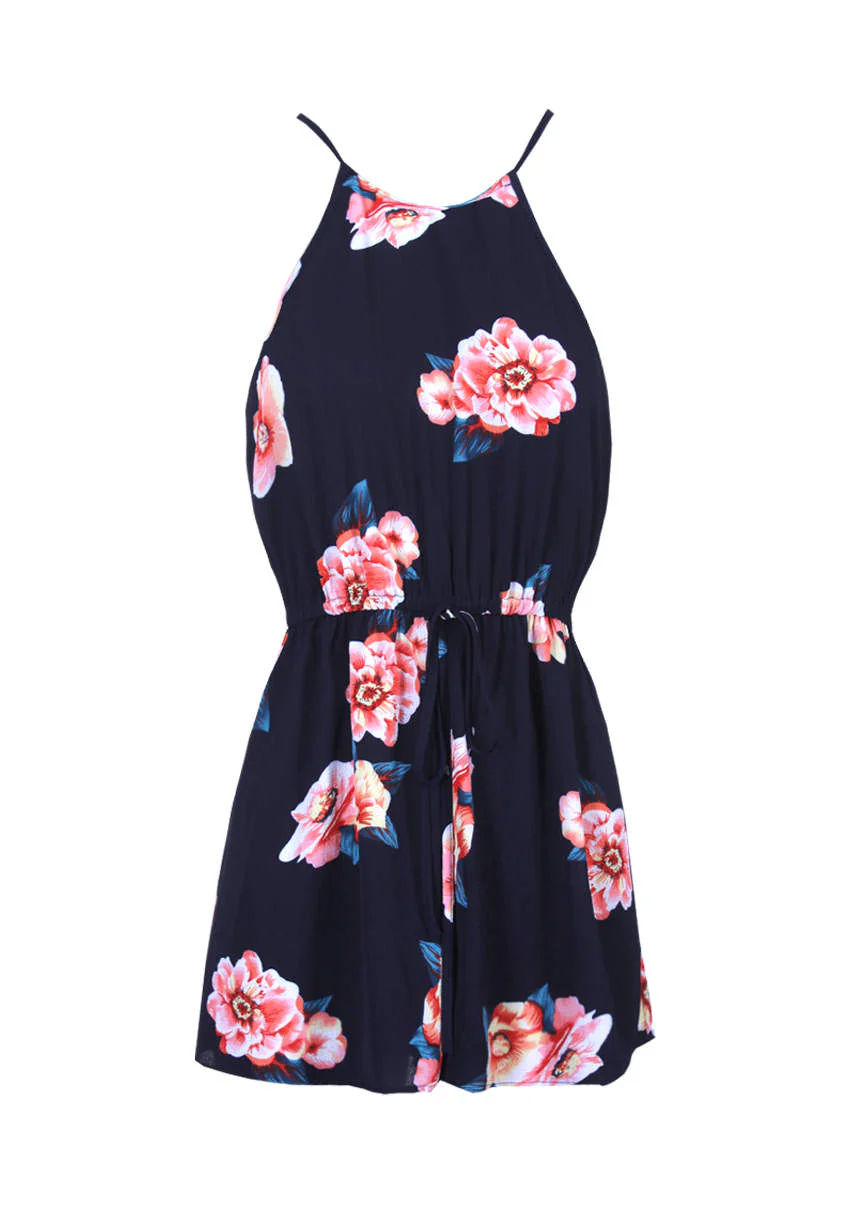 Navy Contrast Floral High Neck Playsuit - Image 4