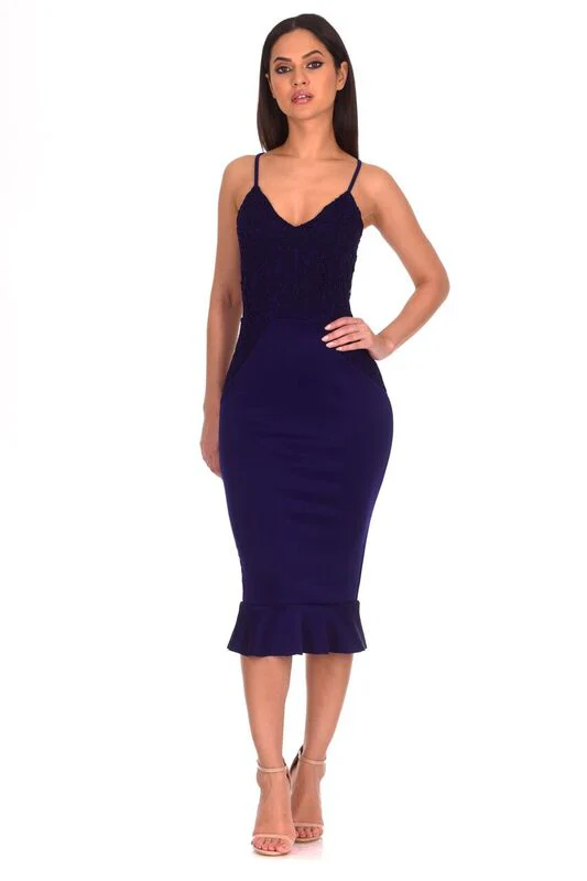 Navy Crochet Detail Frill Midi Dress - Image 2