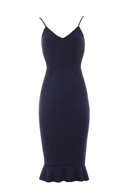Navy Crochet Detail Frill Midi Dress - Image 4
