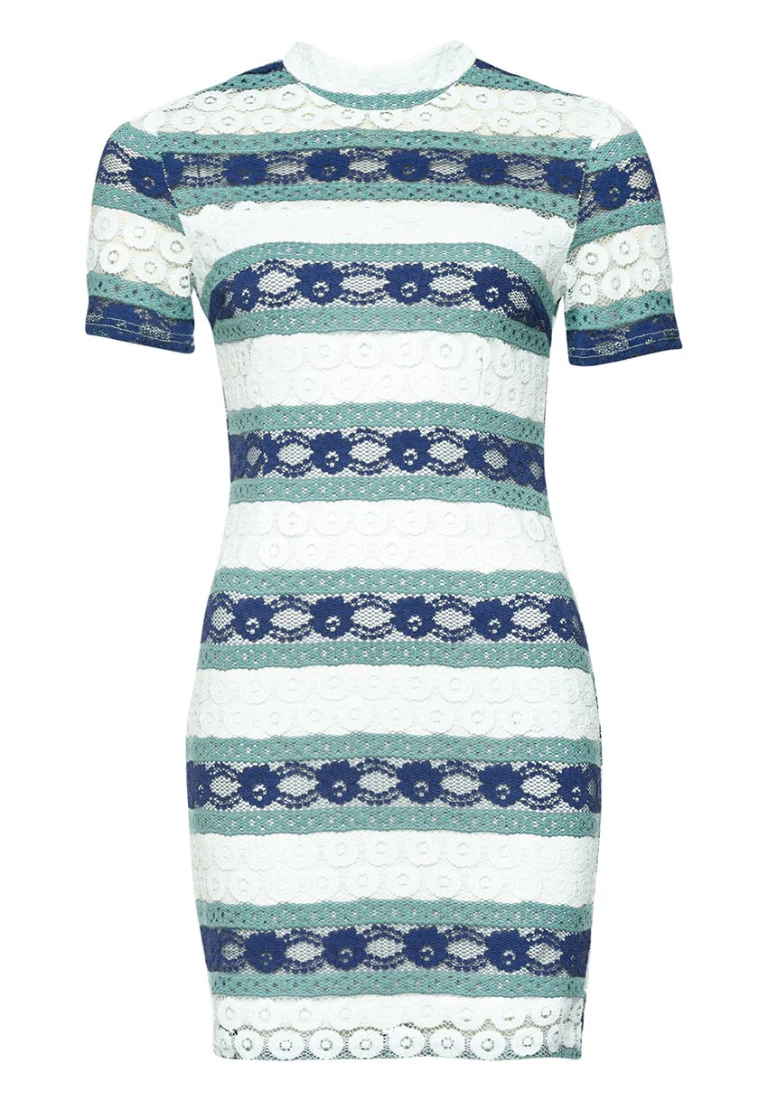 Navy Crochet Mini Dress with Striped Detail - Image 2