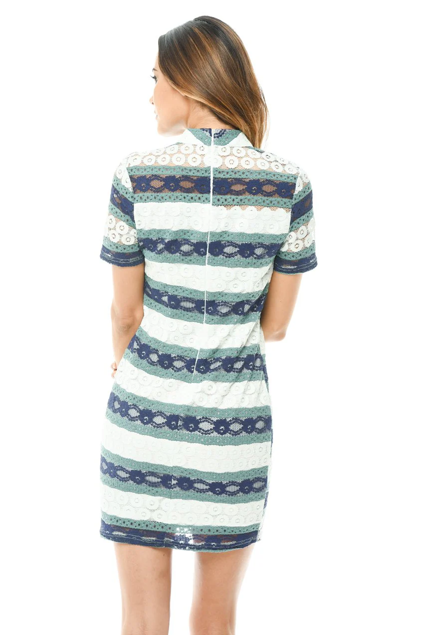 Navy Crochet Mini Dress with Striped Detail - Image 4