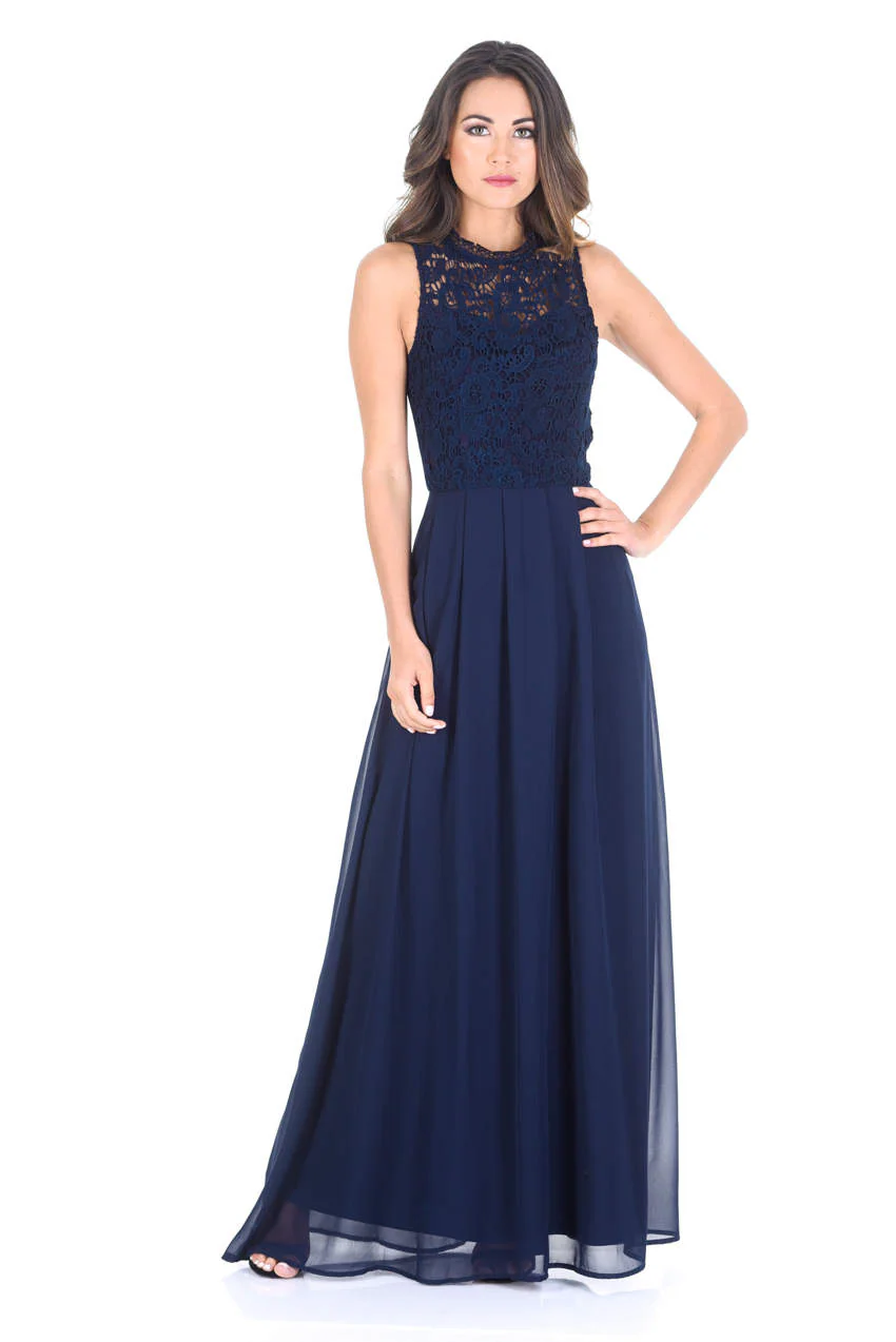 Navy Crochet Top Chiffon Maxi Dress - Image 2