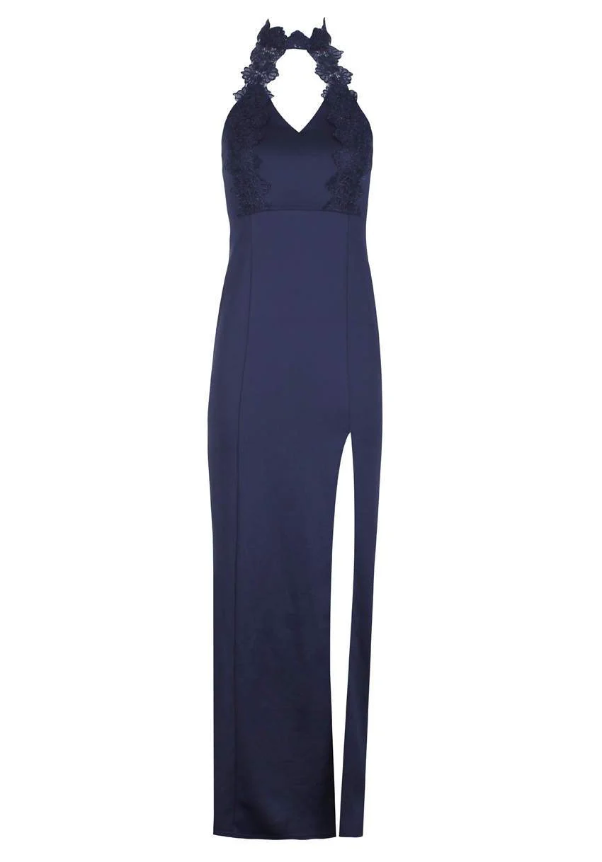 Navy Crochet Top Maxi dress with Thigh High Split - Image 4