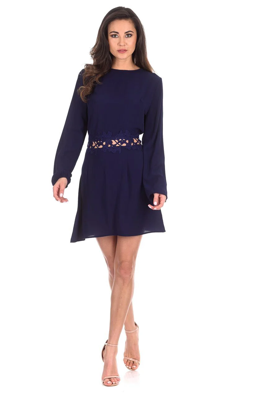 Navy Crochet Waist Long Sleeved Dress - Image 2