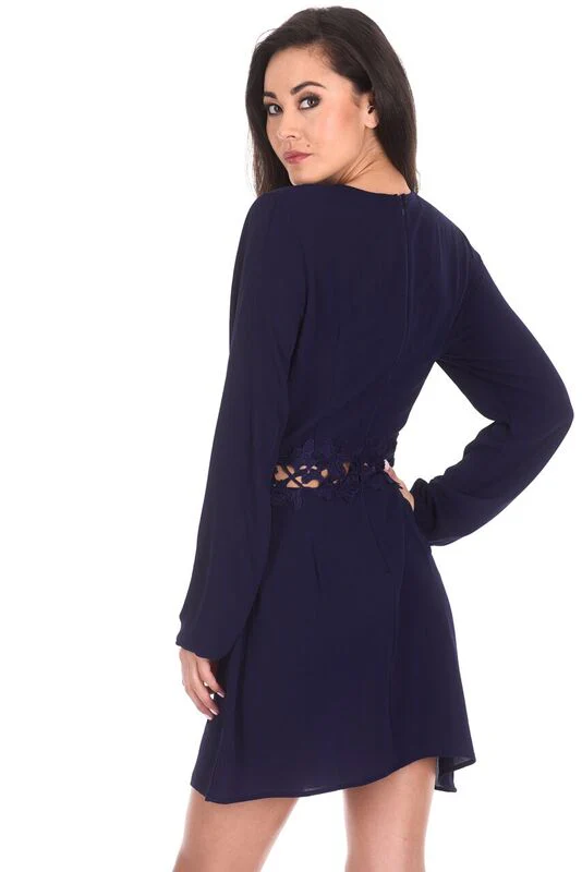 Navy Crochet Waist Long Sleeved Dress - Image 3