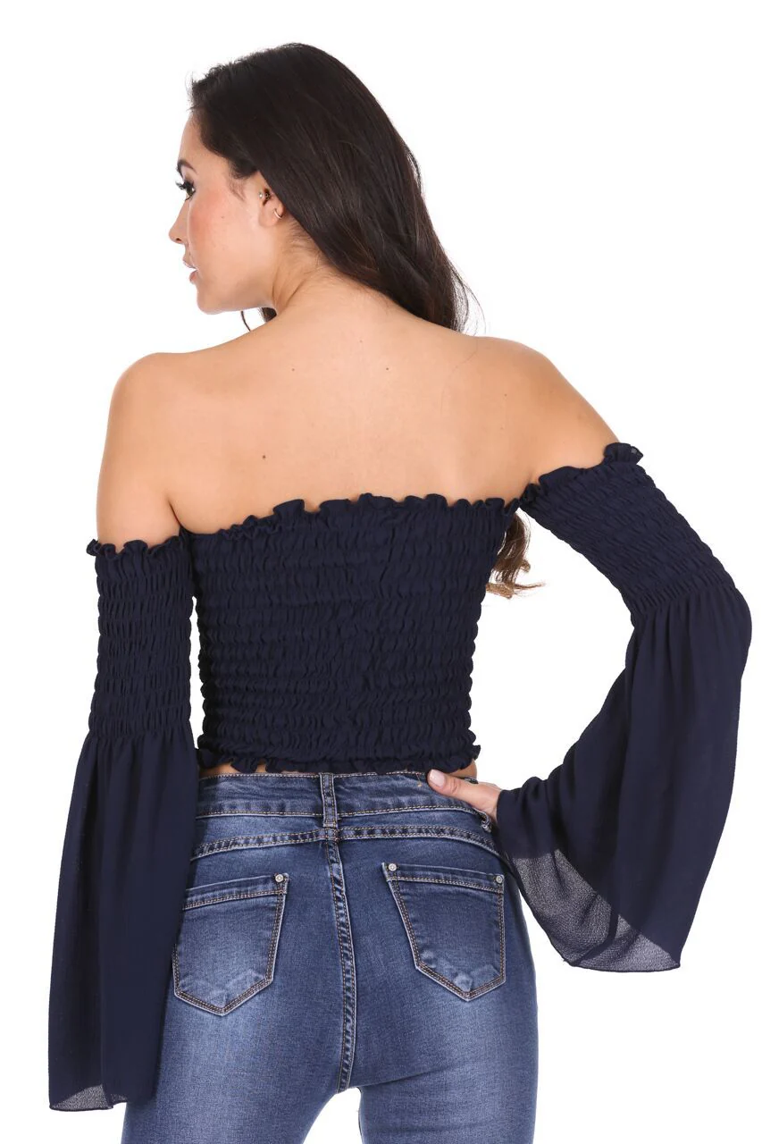 Navy Crop Flare Sleeve Top - Image 3