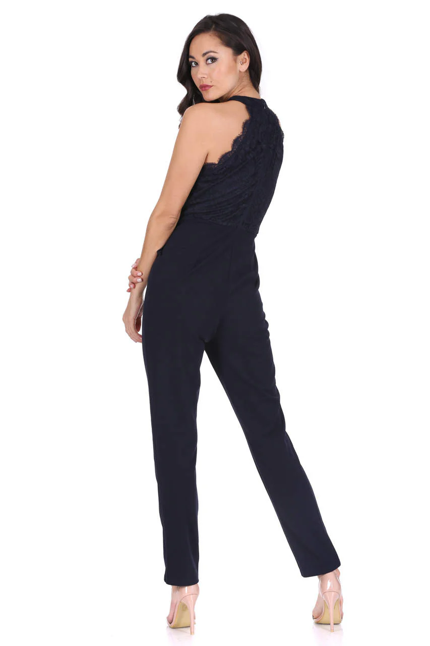 Navy Cut In Neck Lace Jumpsuit - Image 3
