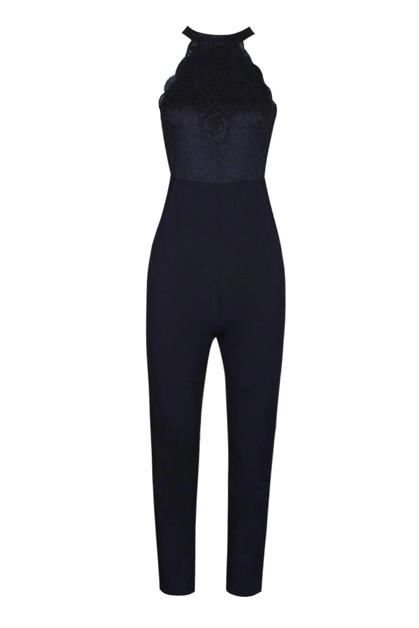 Navy Cut In Neck Lace Jumpsuit - Image 4