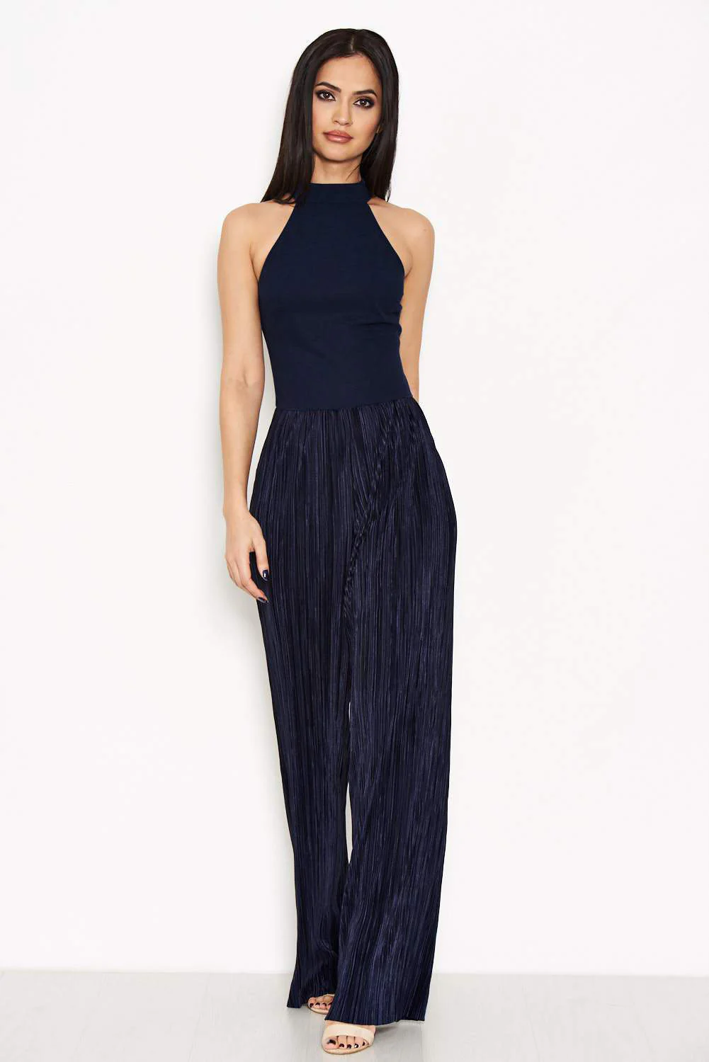 Navy Cut In Neck Pleated Leg Jumpsuit - Image 2