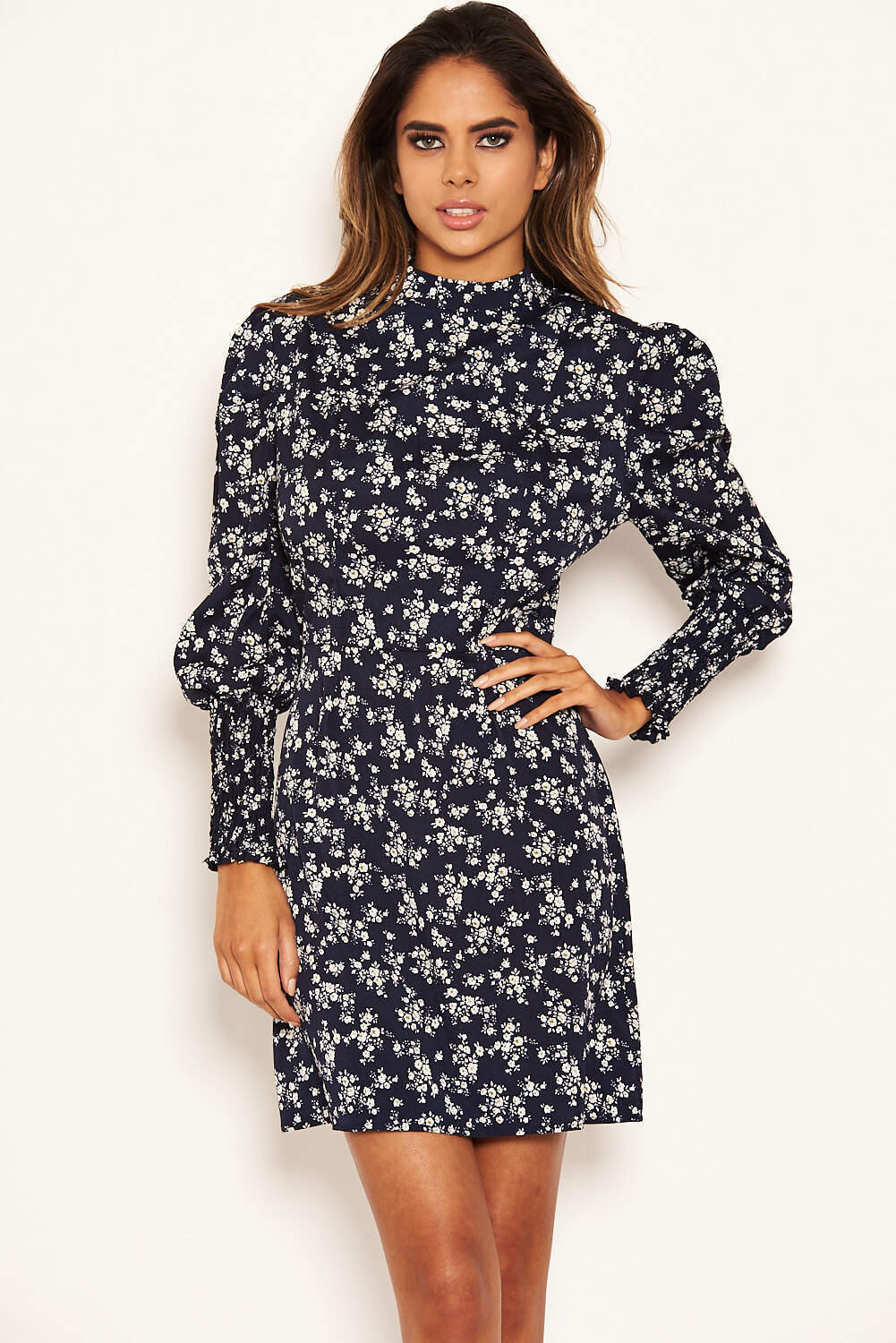 Navy Ditsy Floral Puff Sleeve Skater Dress - Image 2