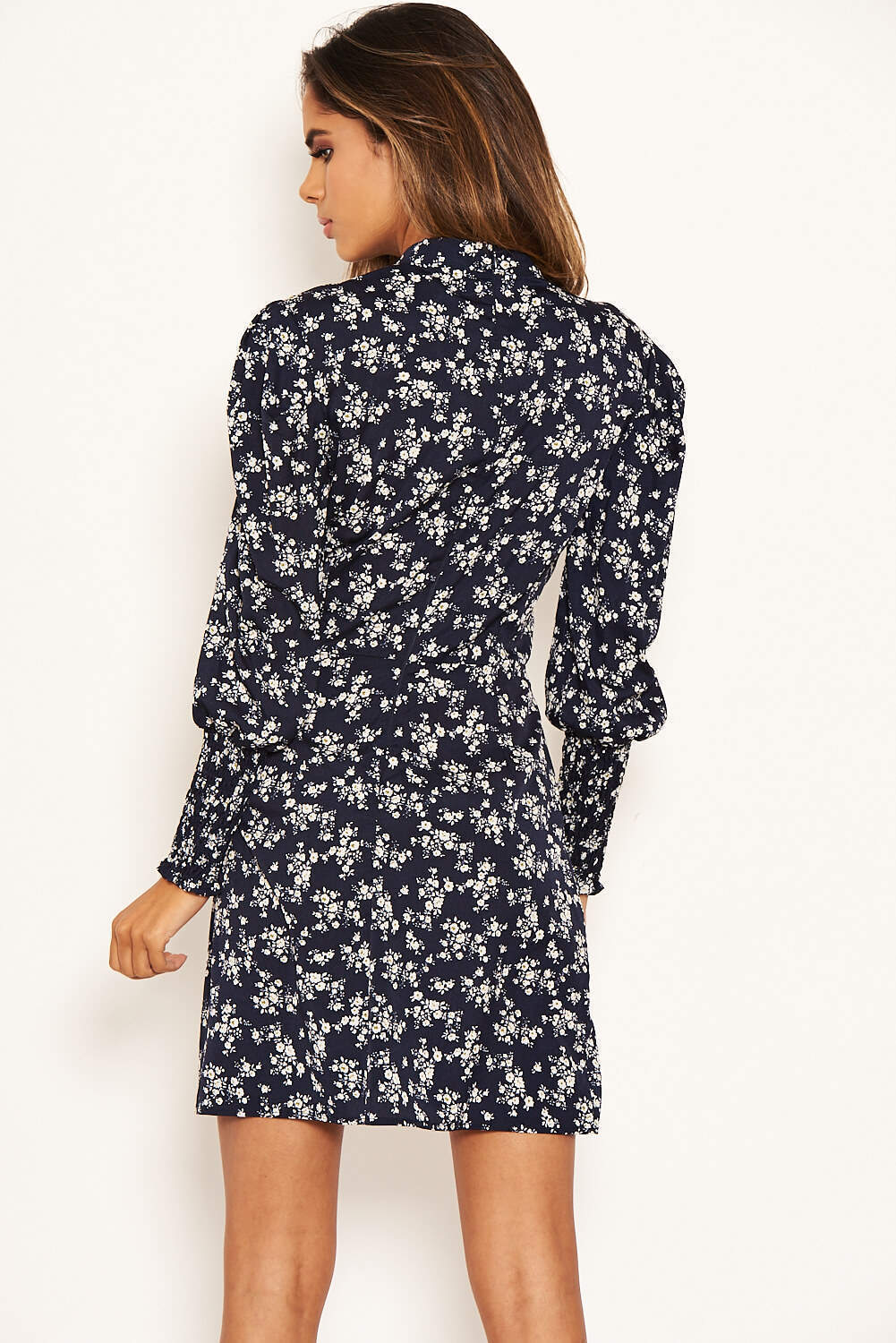 Navy Ditsy Floral Puff Sleeve Skater Dress - Image 4
