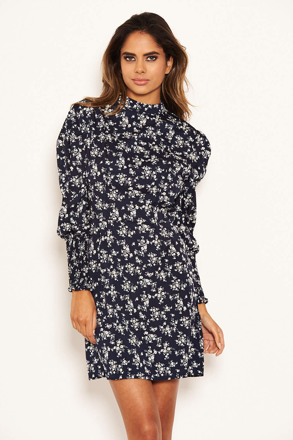 Navy Ditsy Floral Puff Sleeve Skater Dress - Image 6