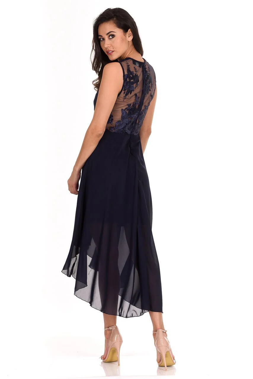 Navy Embroidered Mesh Dipped Hem Dress - Image 3