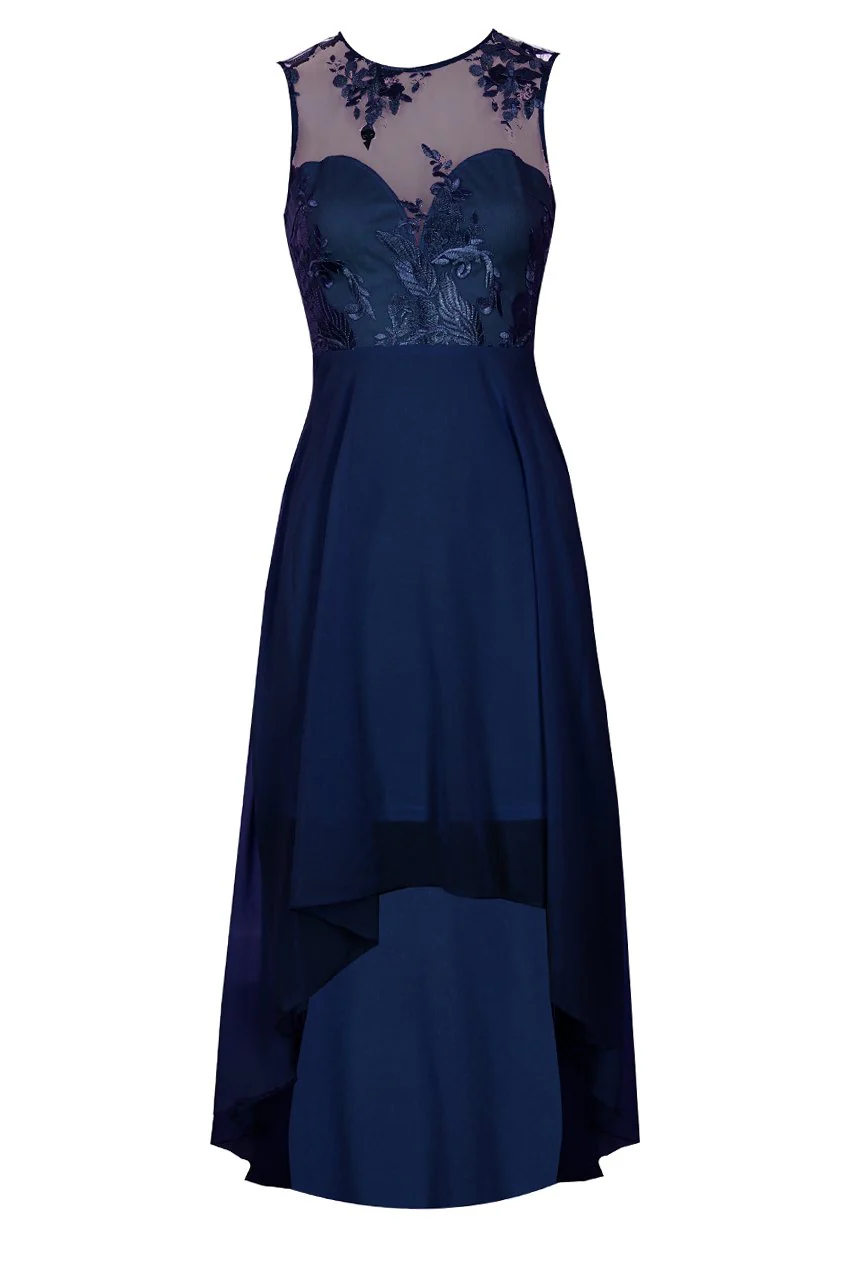 Navy Embroidered Mesh Dipped Hem Dress - Image 4