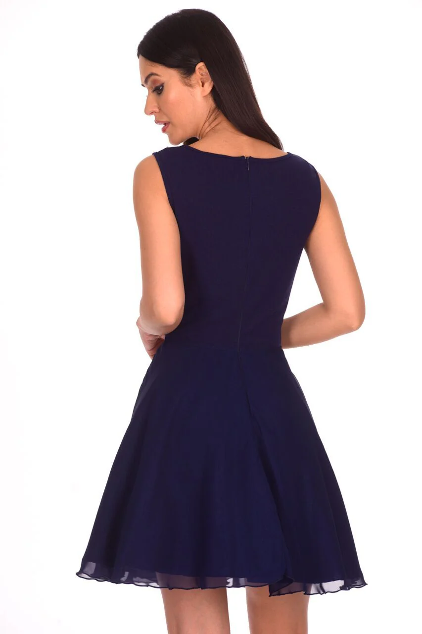 Navy Embroidered Mesh Skater Dress - Image 3