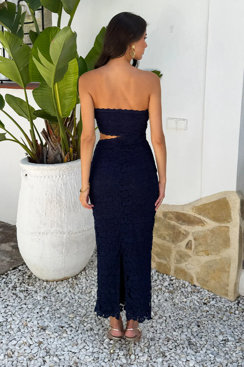 Navy Embroidered Overlay Bandeau Cut Out Midi Dress - Image 5