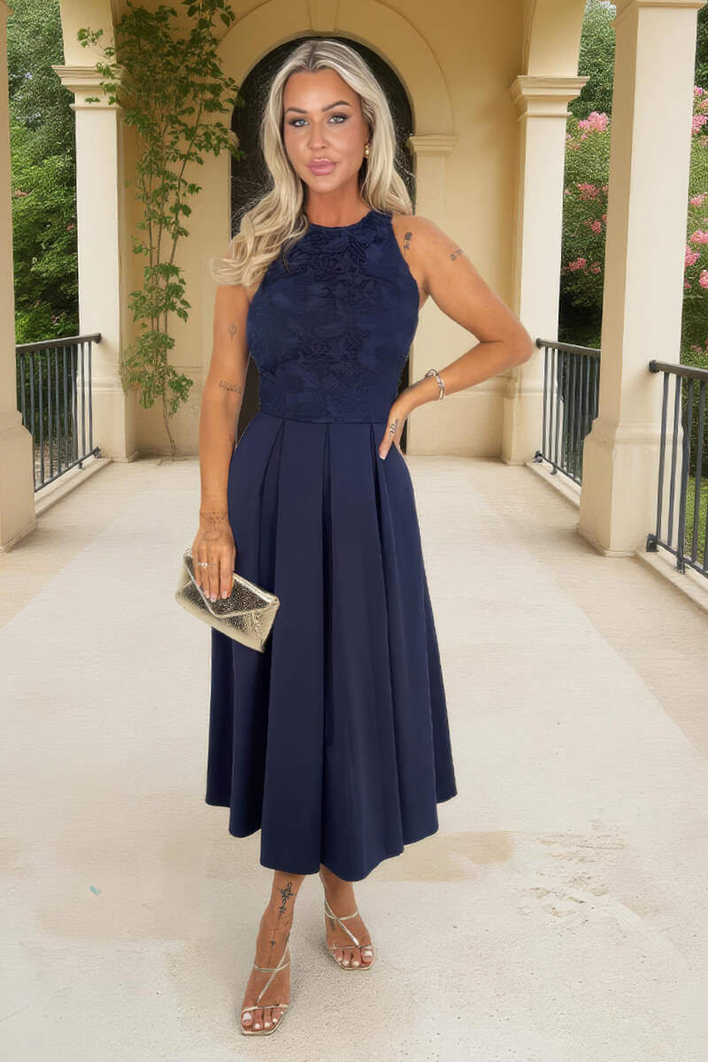 Navy Embroidered Top Overlay A-Line Skirt Midi Dress