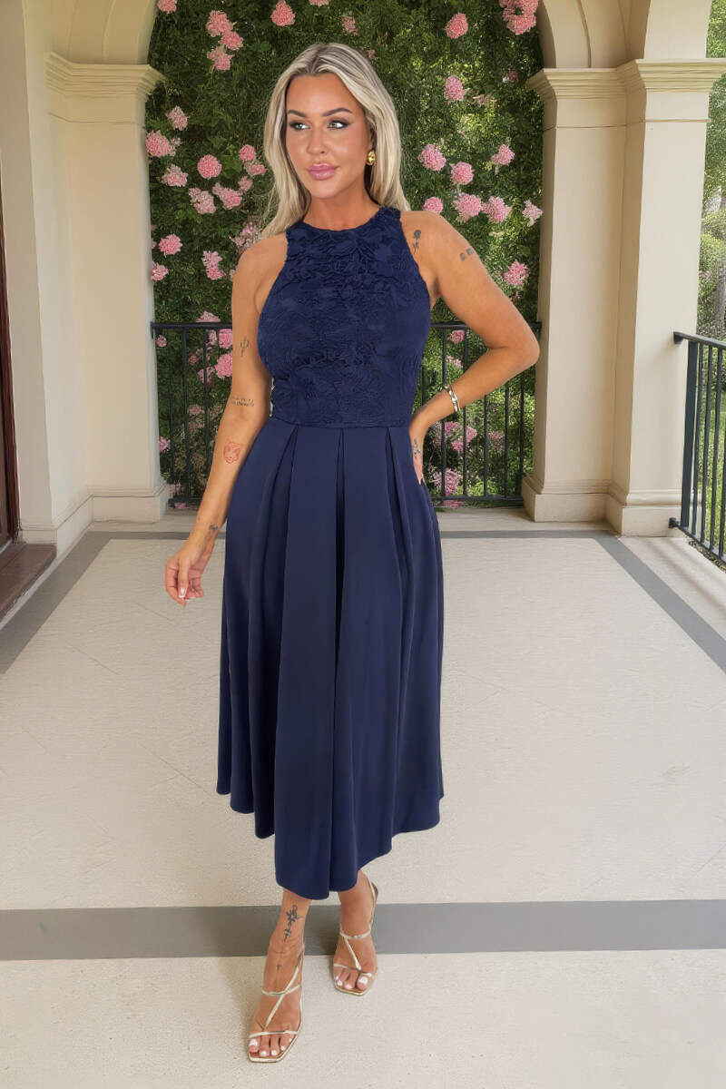 Navy Embroidered Top Overlay A-Line Skirt Midi Dress - Image 2