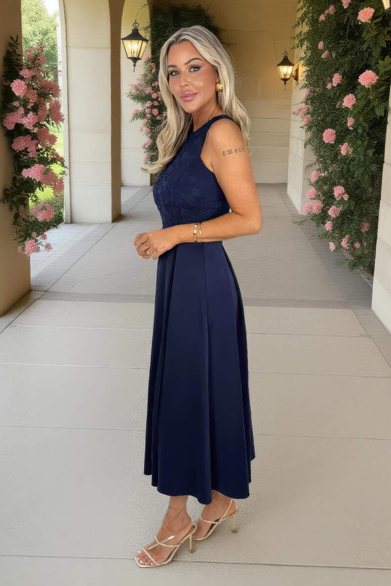 Navy Embroidered Top Overlay A-Line Skirt Midi Dress - Image 4