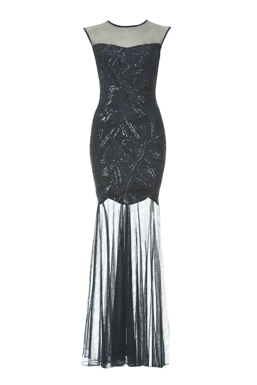 Navy Floor Length Dress With Mesh And Embroidery - Image 3