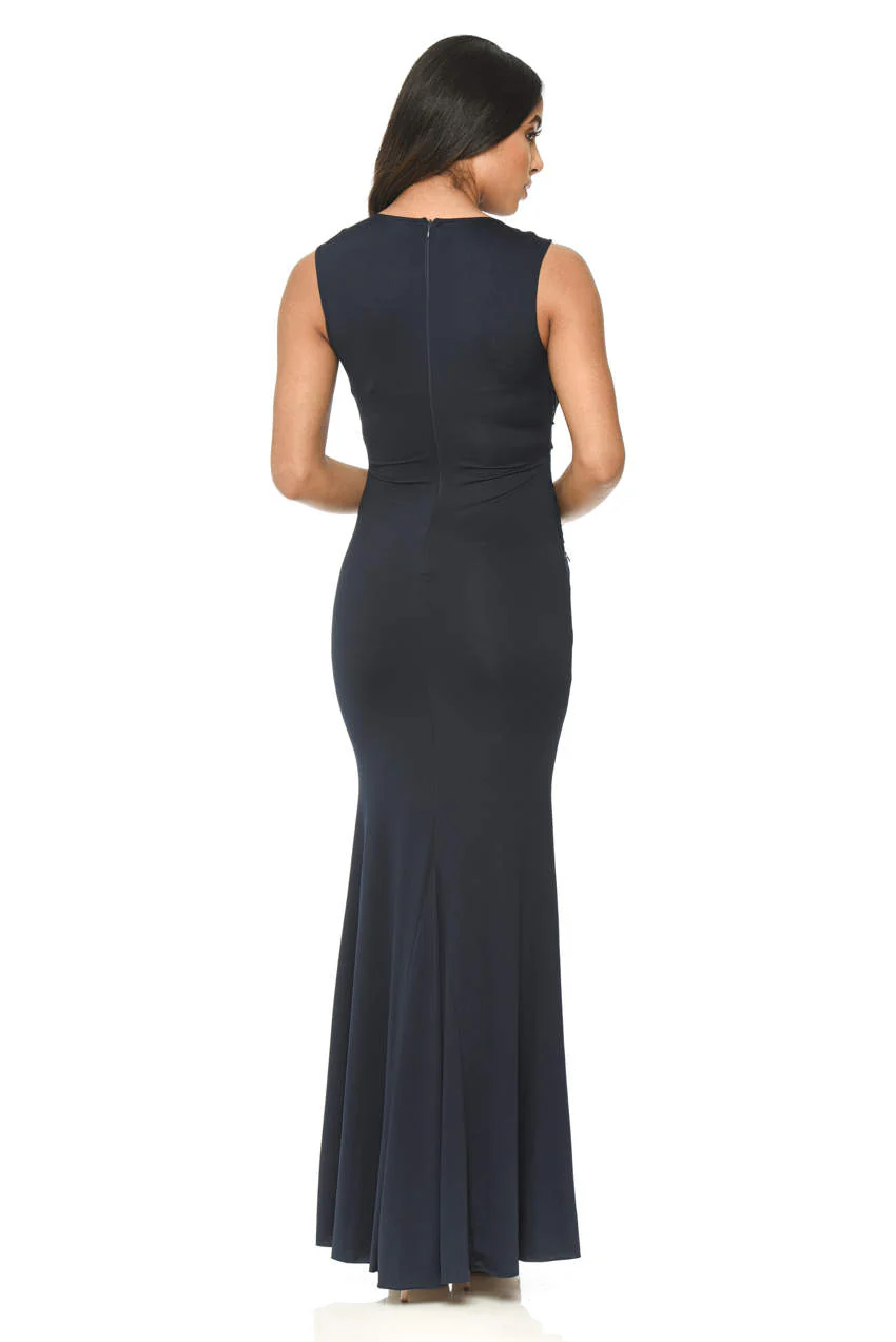 Navy Floor Length Fitted Dress With Lace Detail - Image 3