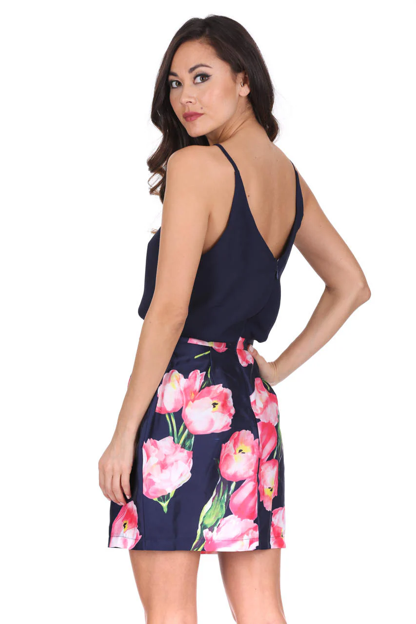 Navy Floral 2 in 1 Mini Dress - Image 3