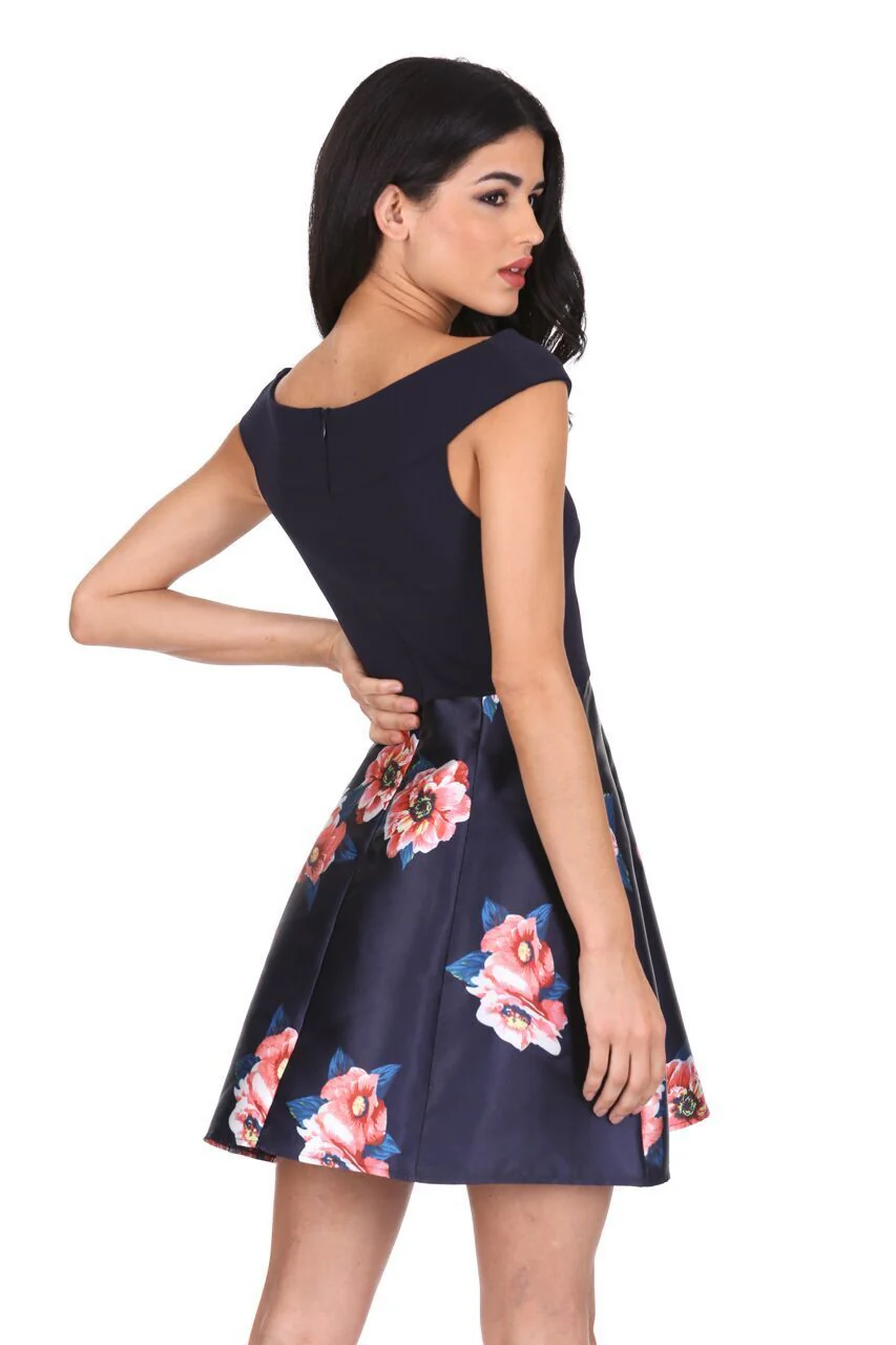 Navy Floral 2 in 1 Skater Mini Dress - Image 3