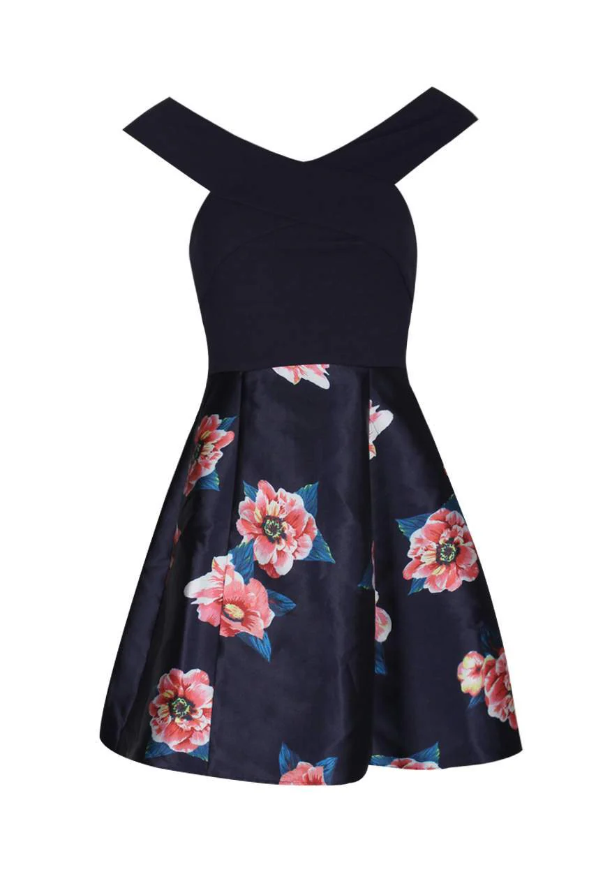 Navy Floral 2 in 1 Skater Mini Dress - Image 4