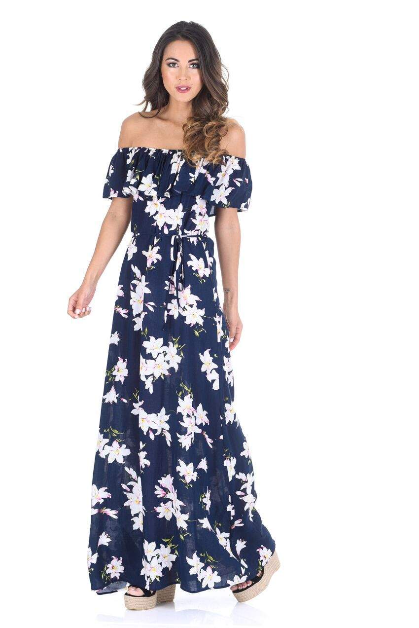 Navy Floral Bardot Printed Maxi Dress - Image 3