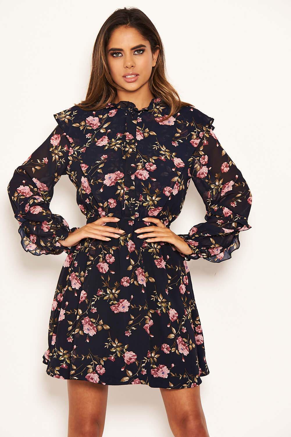 Navy Floral Button Up Frill Swing Dress - Image 3