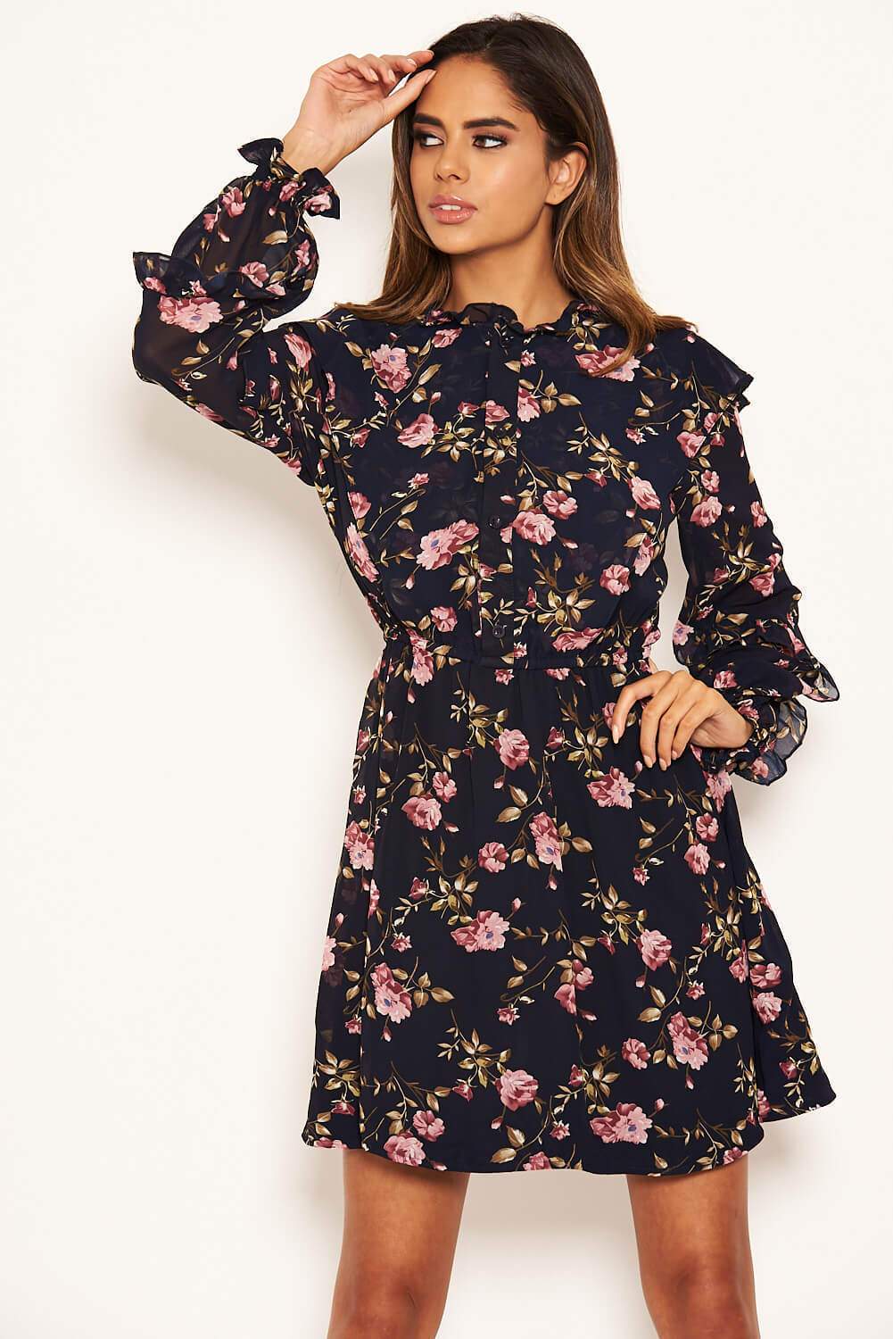 Navy Floral Button Up Frill Swing Dress - Image 4