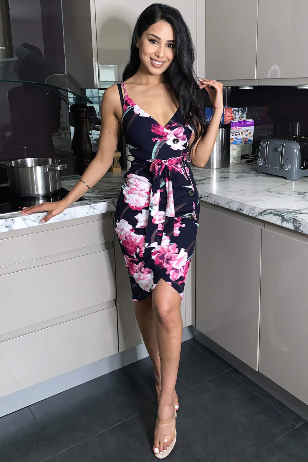 Navy Floral Button Wrap Dress - Image 2