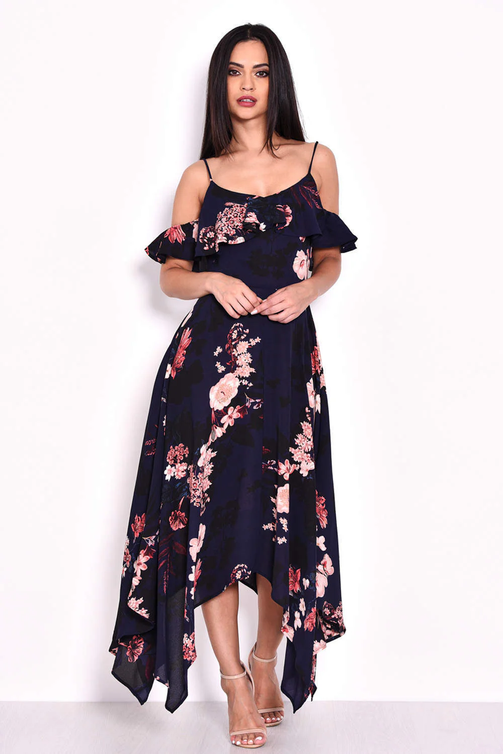 Navy Floral Cold Shoulder Maxi Dress - Image 4