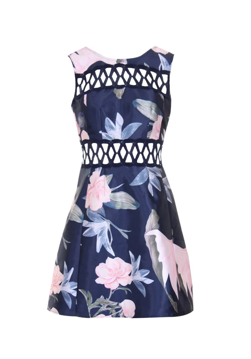 Navy Floral Crochet Detail Skater Dress - Image 4