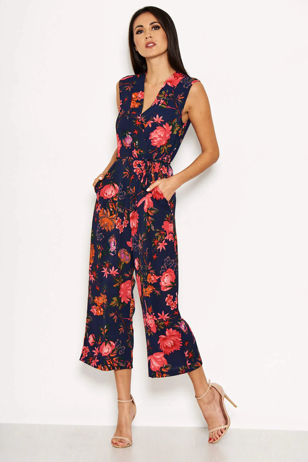 Navy Floral Culotte Jumpsuit With Tie Waist - Image 3
