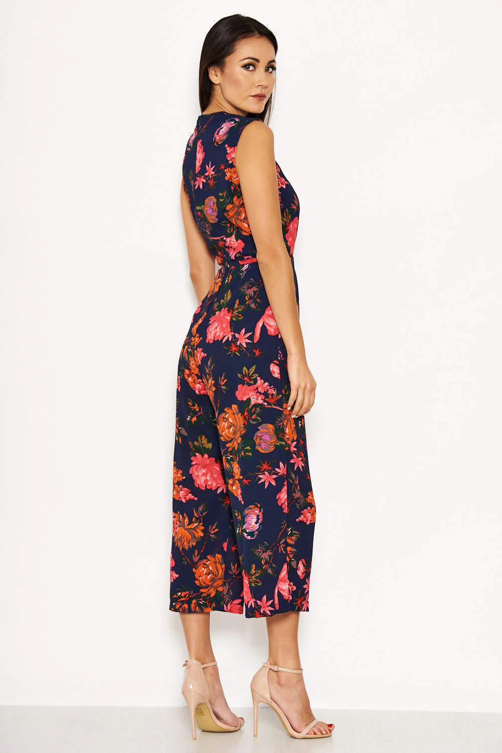 Navy Floral Culotte Jumpsuit With Tie Waist - Image 4